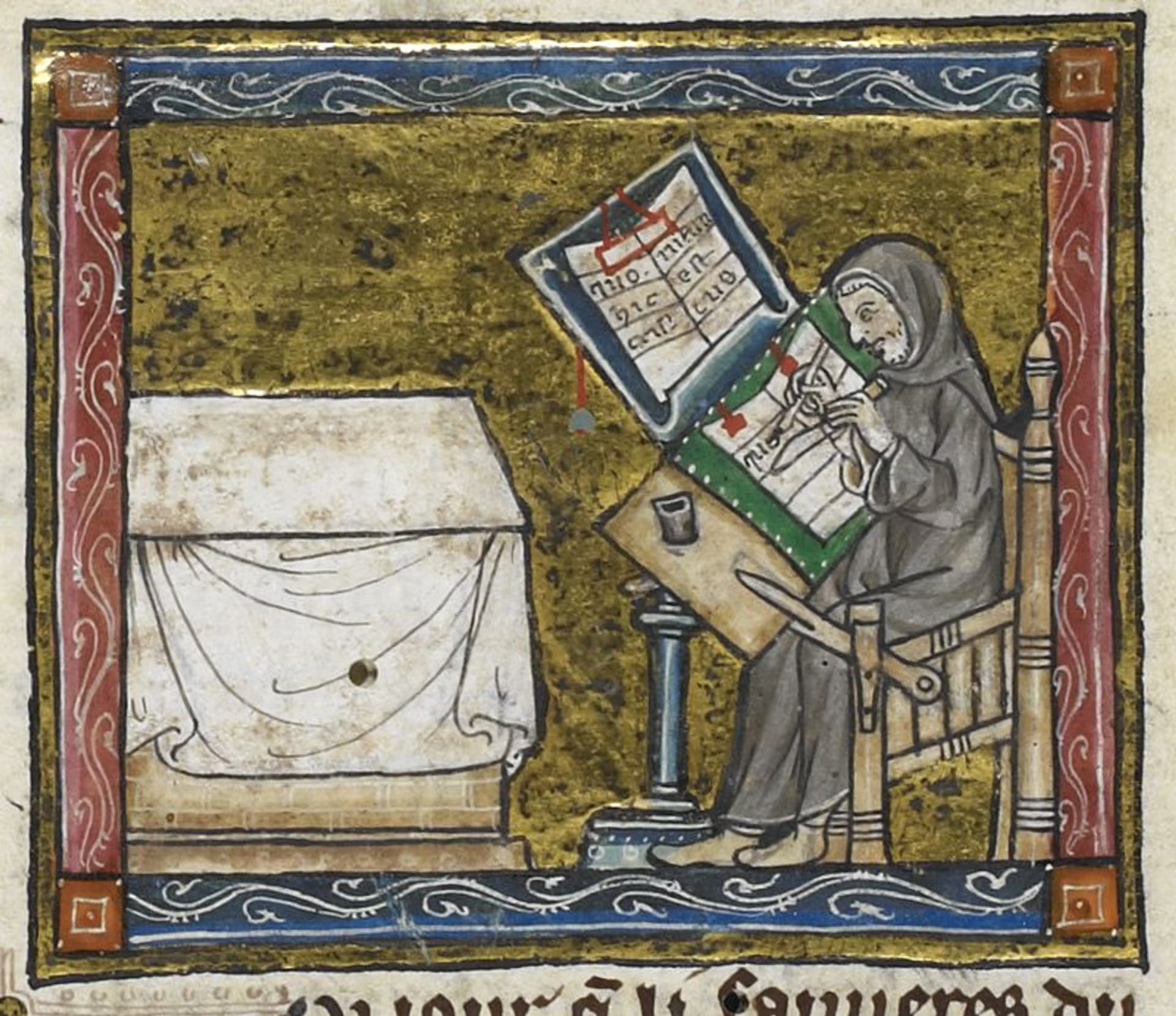 Image of a scribe copying from a manuscript